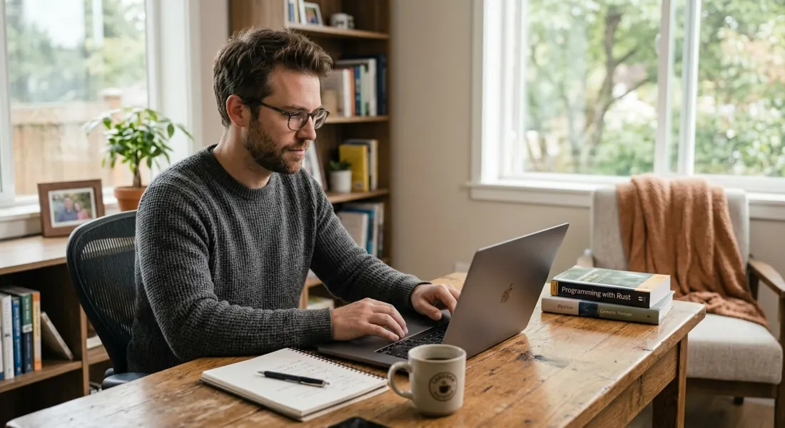 A man working on his laptop at a home desk