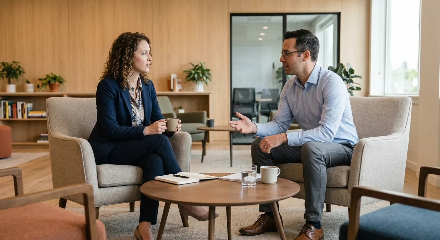 Two colleagues in a relaxed conversation over coffee